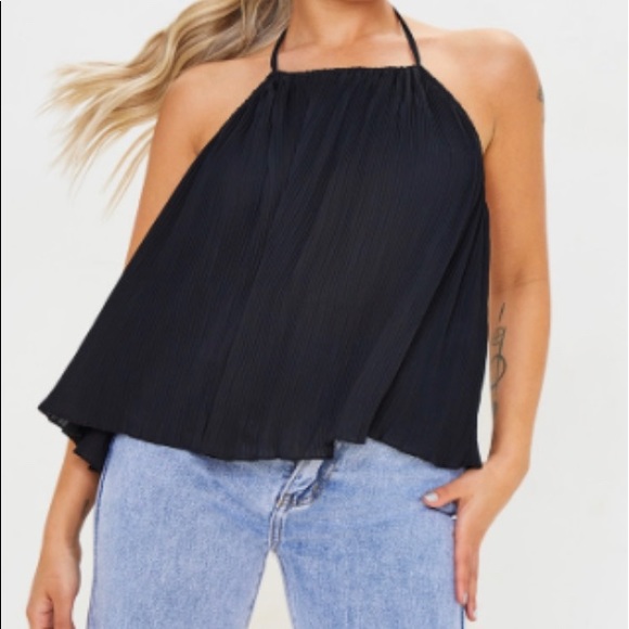 PrettyLittleThing Tops - Pretty Little Thing - Petite Black Plisse Floaty Halter Neck Top